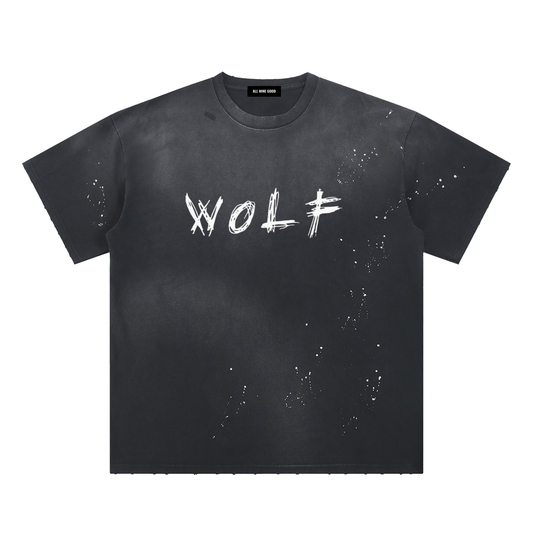 Hand-Frayed Sunfade Paint Splatter WoLF Vintage T-Shirt