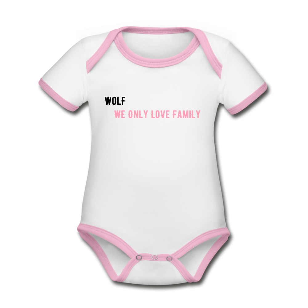 Organic Contrast Short Sleeve Baby "WoLF" Bodysuit - white/pink