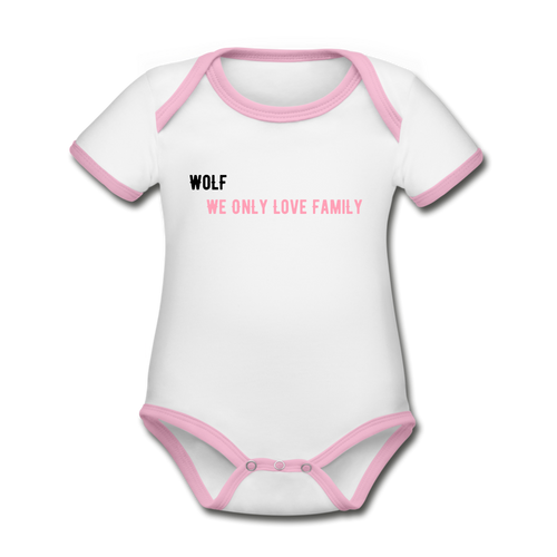 Organic Contrast Short Sleeve Baby "WoLF" Bodysuit - white/pink