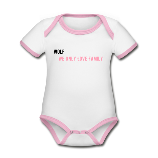 Organic Contrast Short Sleeve Baby "WoLF" Bodysuit - white/pink